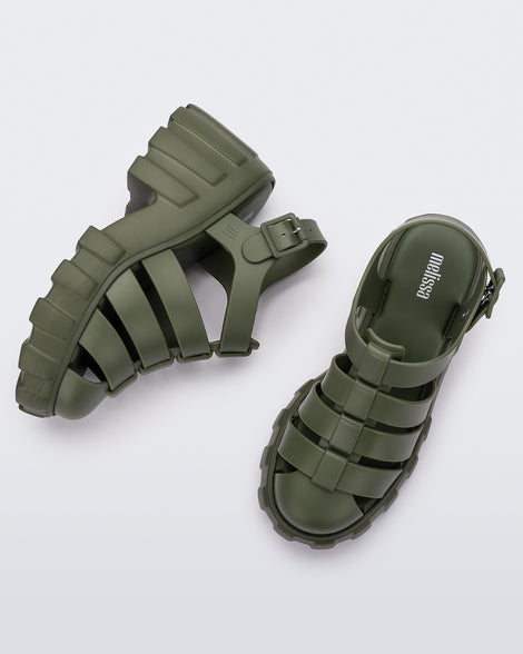 Top and side view of a pair of dark green Melissa Megan Platform heels.