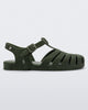 Side view of a green flocked Melissa Possession Velvet sandal.