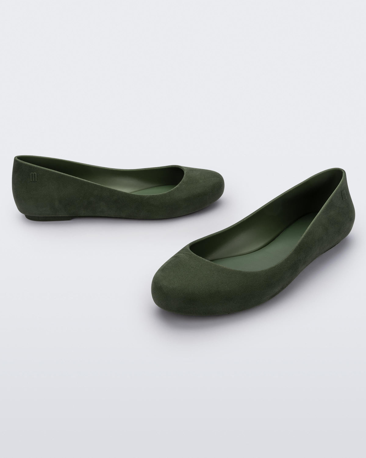 Angled view of a pair of green flocked Melissa Sweet Love Basic Velvet flats.