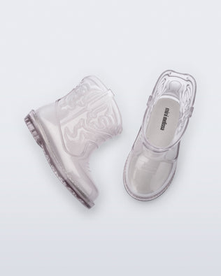 Top and side view of a pair of clear Texas baby boots