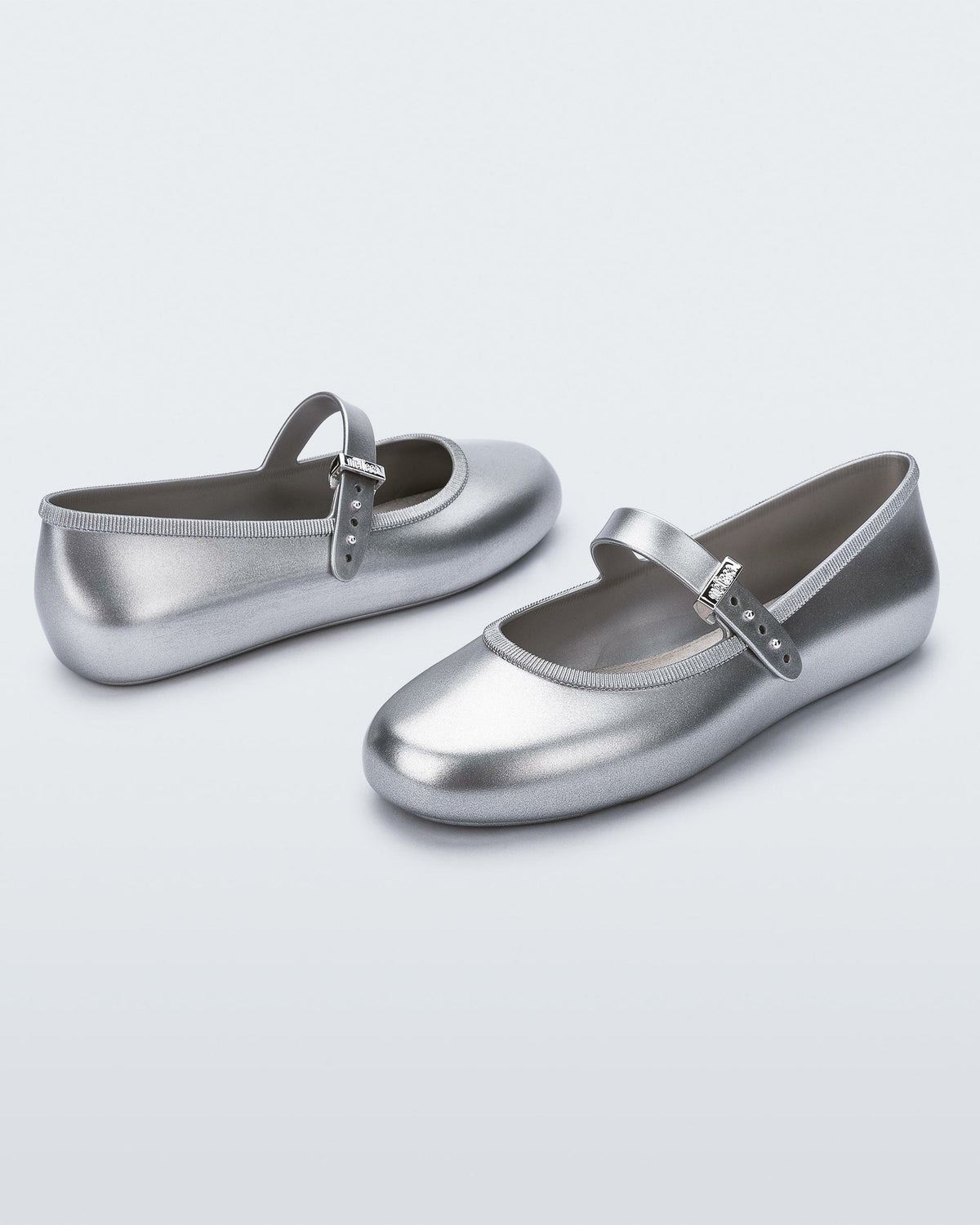 Angled view of a pair of silver Soft Ballerinas