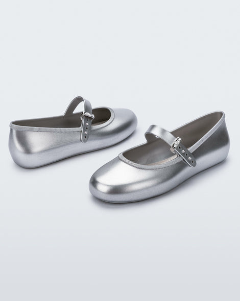 Angled view of a pair of silver Soft Ballerinas