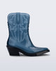 Side view of a transparent blue Texas boot with pointed toe.