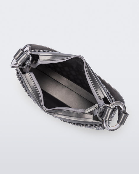 Top view of a silver Hoop bag with short shoulder strap
