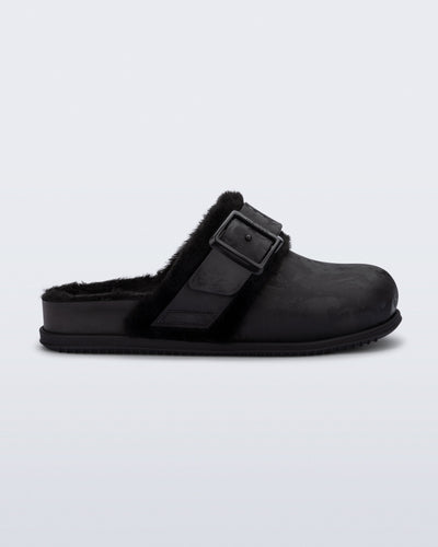 Side view of a black Cozy Warm clog with fuzzy insole