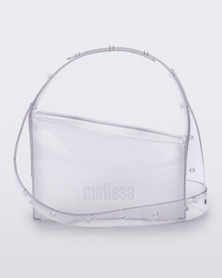 Front view of a clear Clear Bag with strap