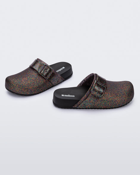 Side and angled view of a mixed glitter/black Cozy Clog