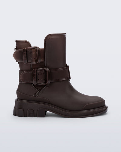 Side view of a brown Bang Boot with two side buckles