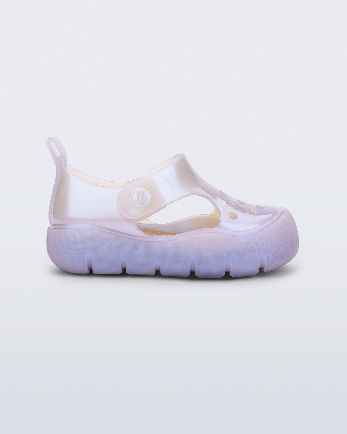 Side view of a pearly blue Bowie baby sandal.