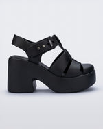 Side view of a matte black Lulu platform heel sandal