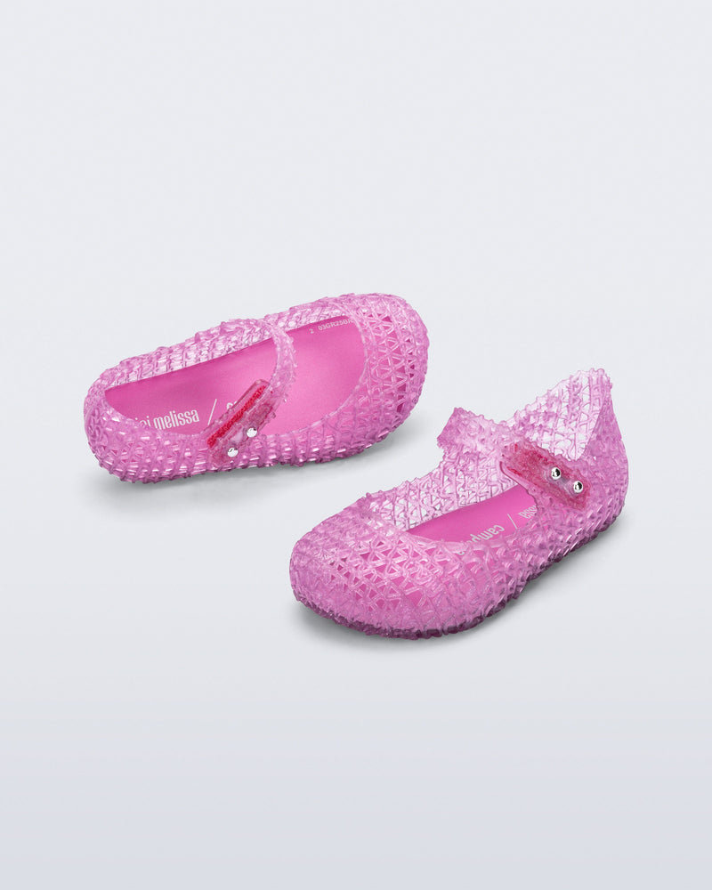 Top and angled view of a pair of pearly lilac Campana baby ballerinas