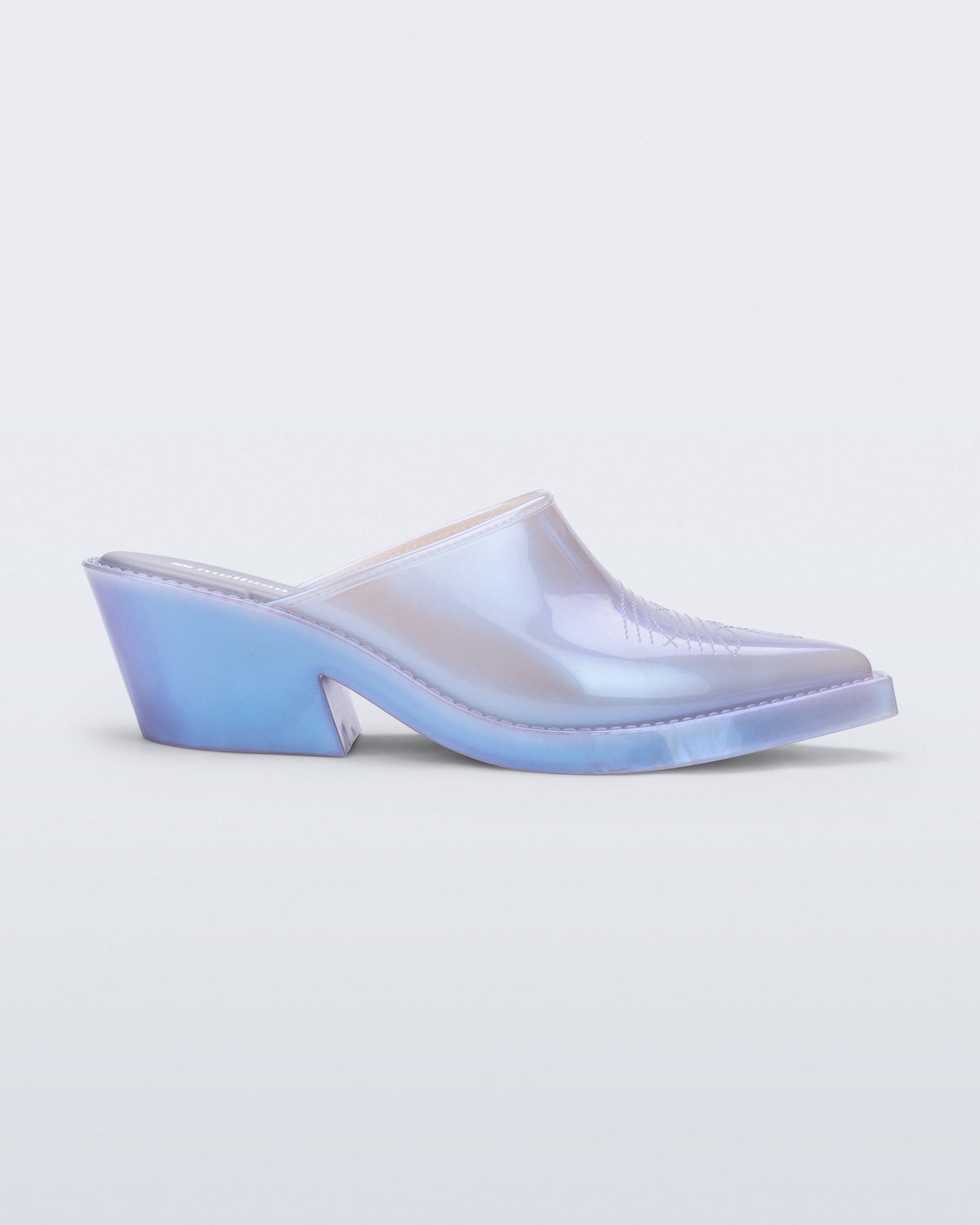Side view of a pearly blue Texas Mule heel