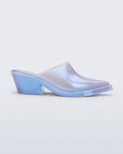 Side view of a pearly blue Texas Mule heel