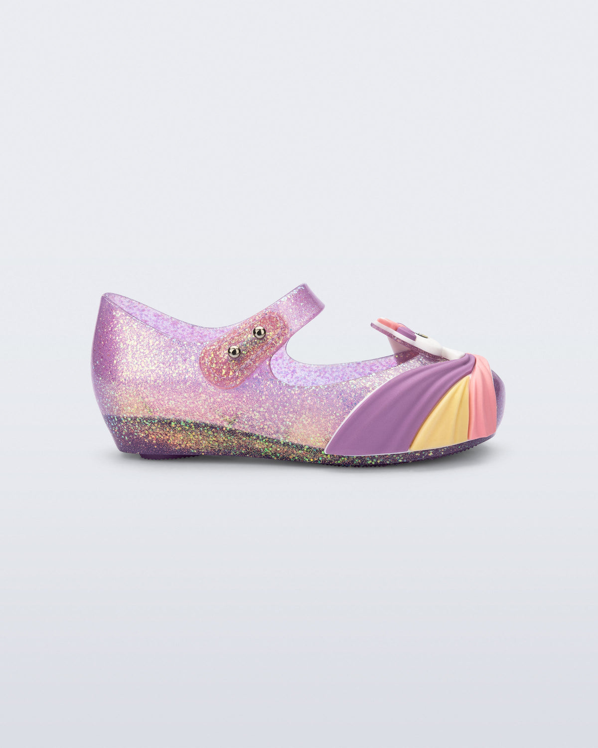 Side view of a glitter lilac baby Ultragirl Unicorn flat