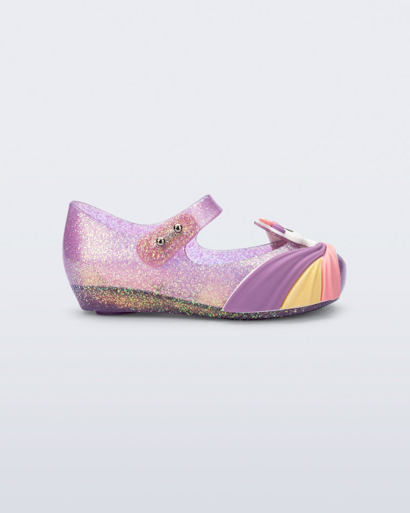 Side view of a glitter lilac baby Ultragirl Unicorn flat