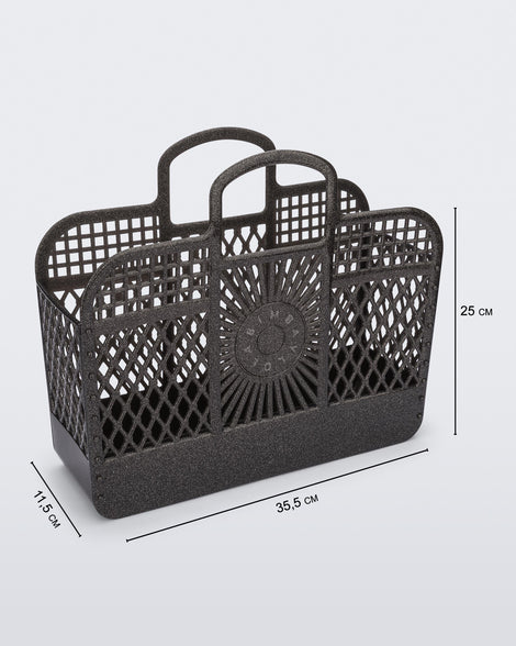 Angled view of the glitter black Bag + Bimba y Lola with dimensions: 35.5 cm x 11.5 cm x 25 cm