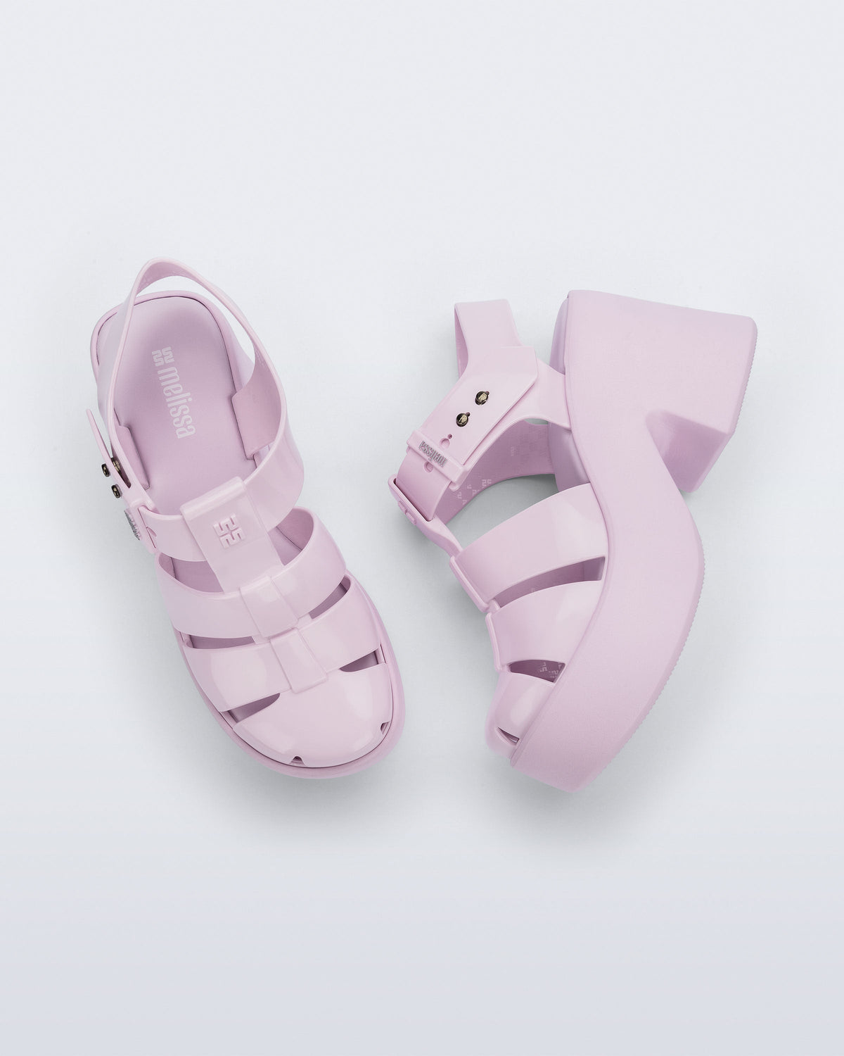 Top and side view of a pair of pink Lulu platform heel fisherman sandals