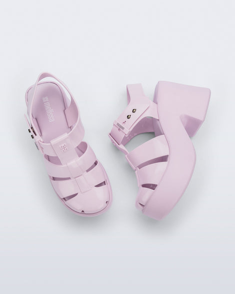 Top and side view of a pair of pink Lulu platform heel fisherman sandals