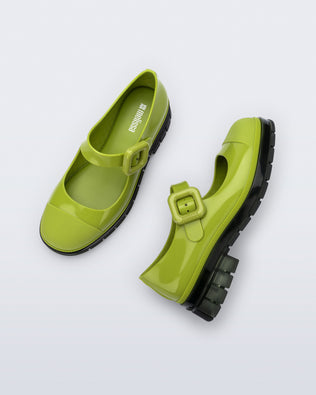 Top and side  view of a pair of green with black sole June mary janes with matte toe cap