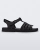 Side view of a matte black Possession Fresh fisherman style sandal with open toe