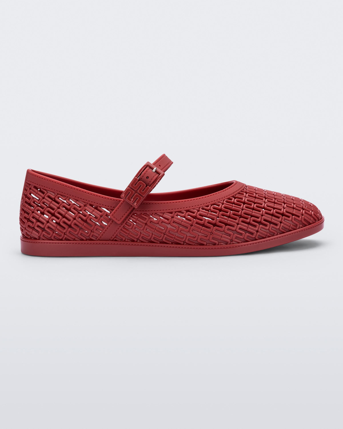 Side view of a red Harper ballerina flat with top strap with buckle