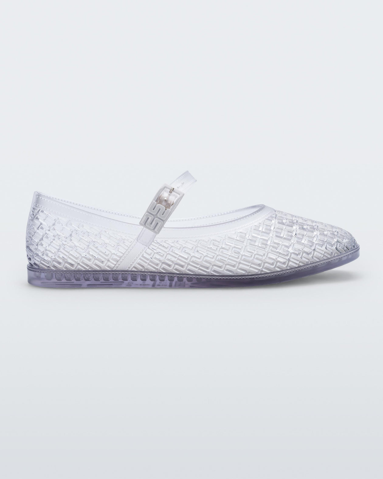 Side view of a clear Harper ballerina flat with top strap with buckle