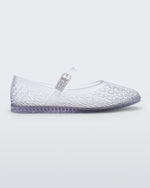 Side view of a clear Harper ballerina flat with top strap with buckle