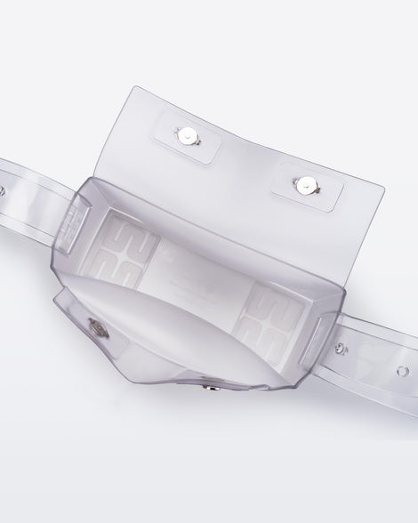 Top view of a clear Clear Bag with strap
