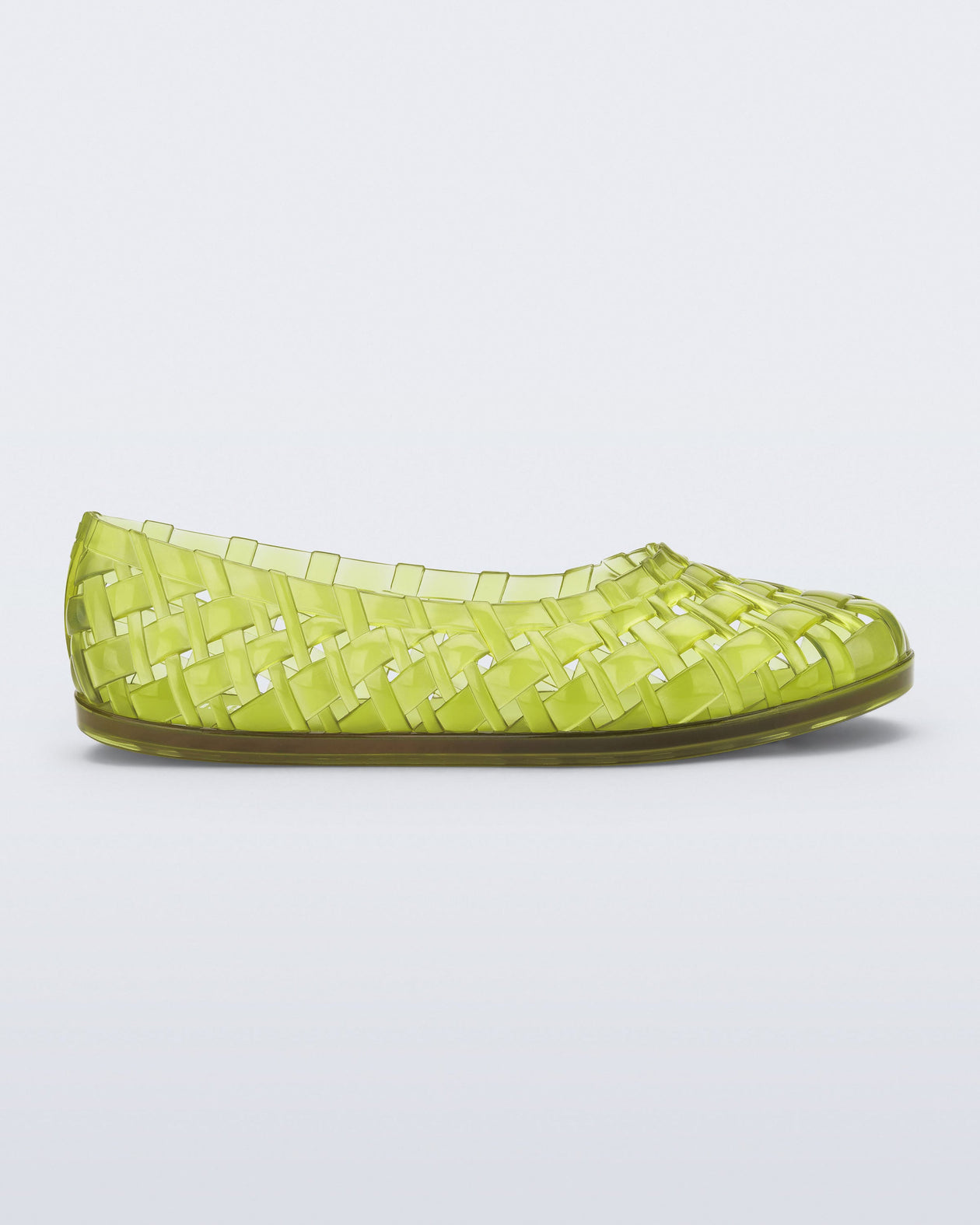 Side view of a clear green Possession Ballerina flat