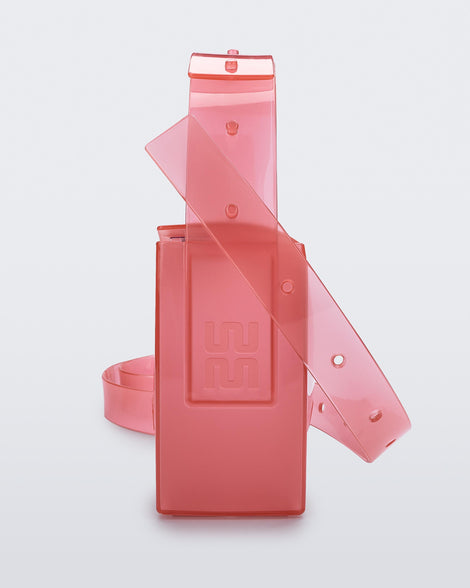 Side view of a clear pink Clear Bag with strap