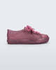 Side view of a glitter pink kids Hip Sneaker with pink laces