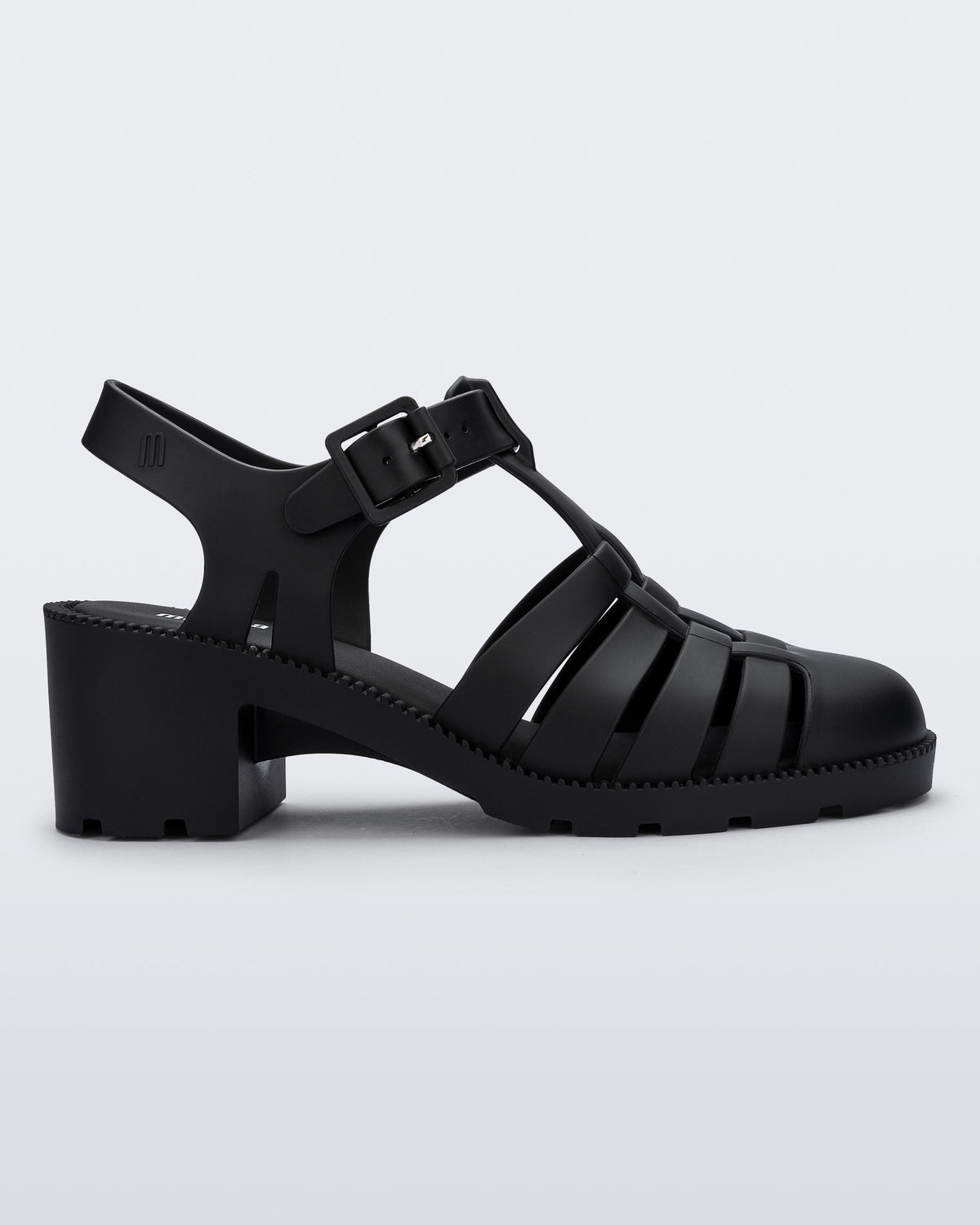 Side view of a black Possession Heel women's fisherman style sandal.
