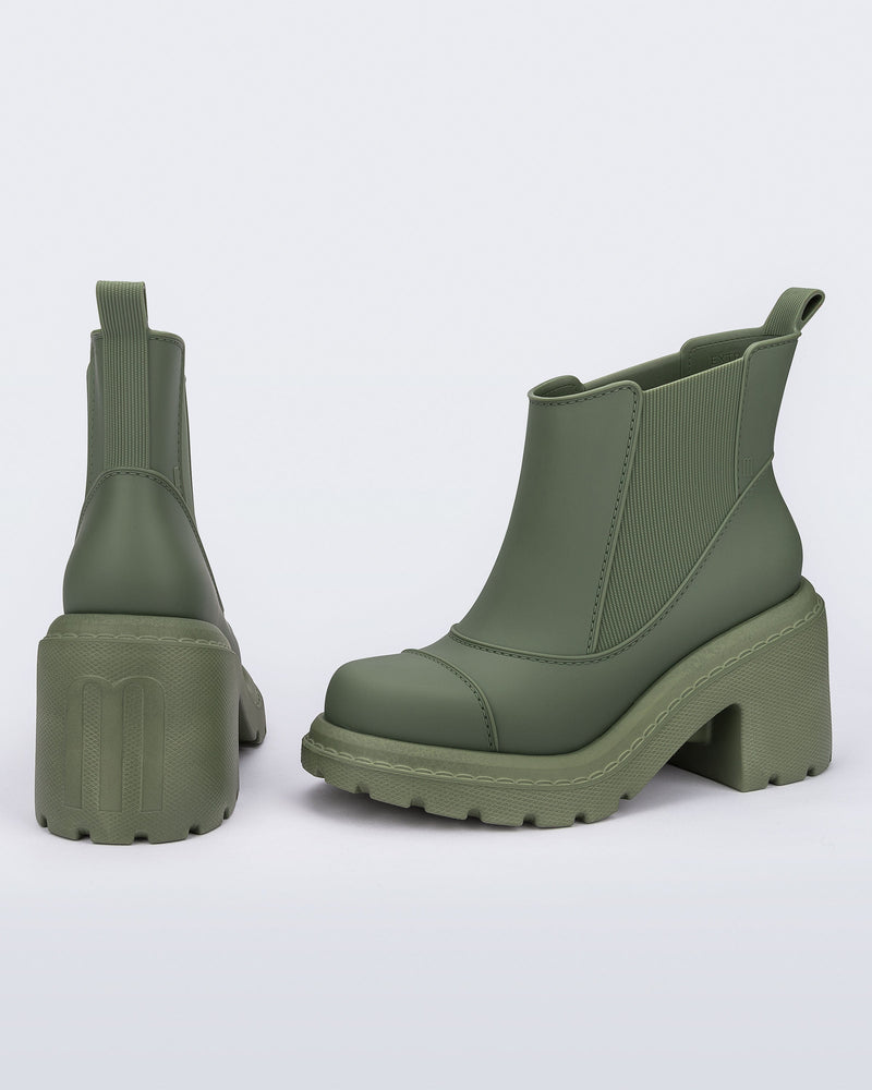 Back and side view of a pair of green Courtney Boots