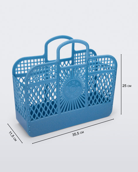 Angled view of the glitter blue Bag + Bimba y Lola with dimensions: 35.5 cm x 11.5 cm x 25 cm
