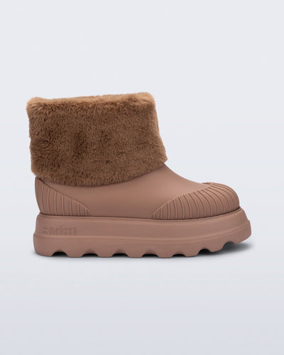 Side view of a brown Warm Boot with fuzzy cuff and inside