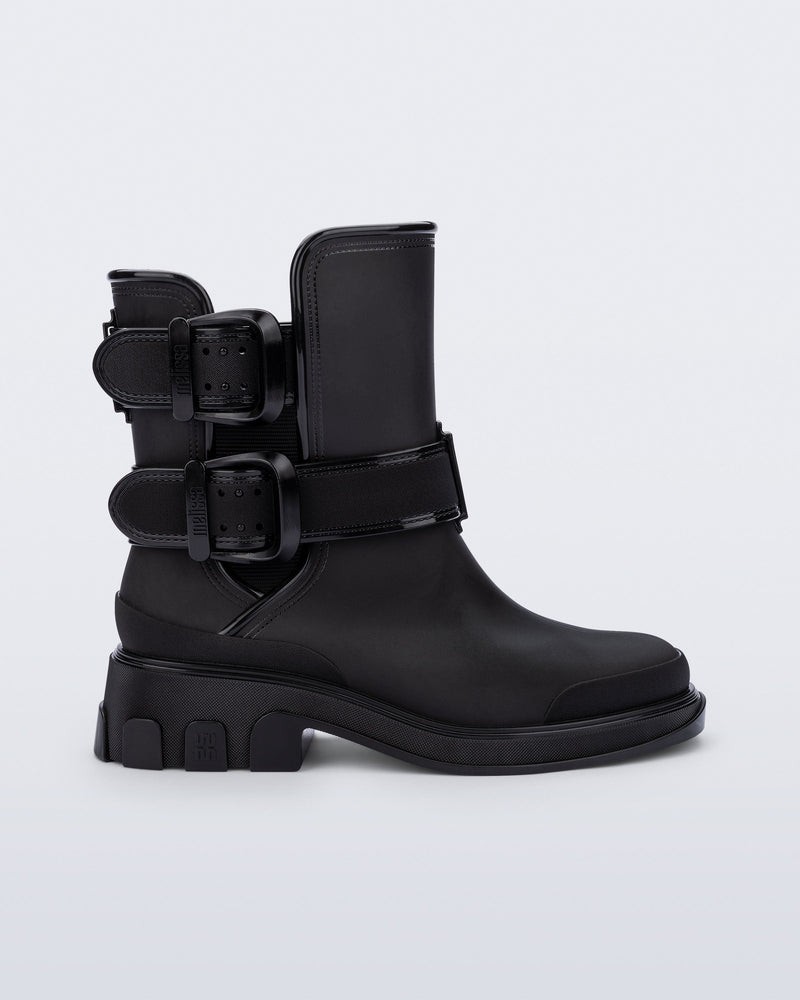 Side view of a black Bang Boot with two side buckles