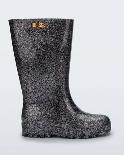 Side view of a black glitter Welly rainboot