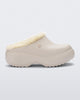 Side view of a beige Free Clog Fluffy Platform with light beige fluffy liner