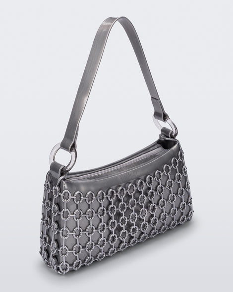 Angled view of a silver Hoop bag with short shoulder strap