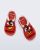 Top view of a pair of red  Play Mickey & Minnie sandals with white straps