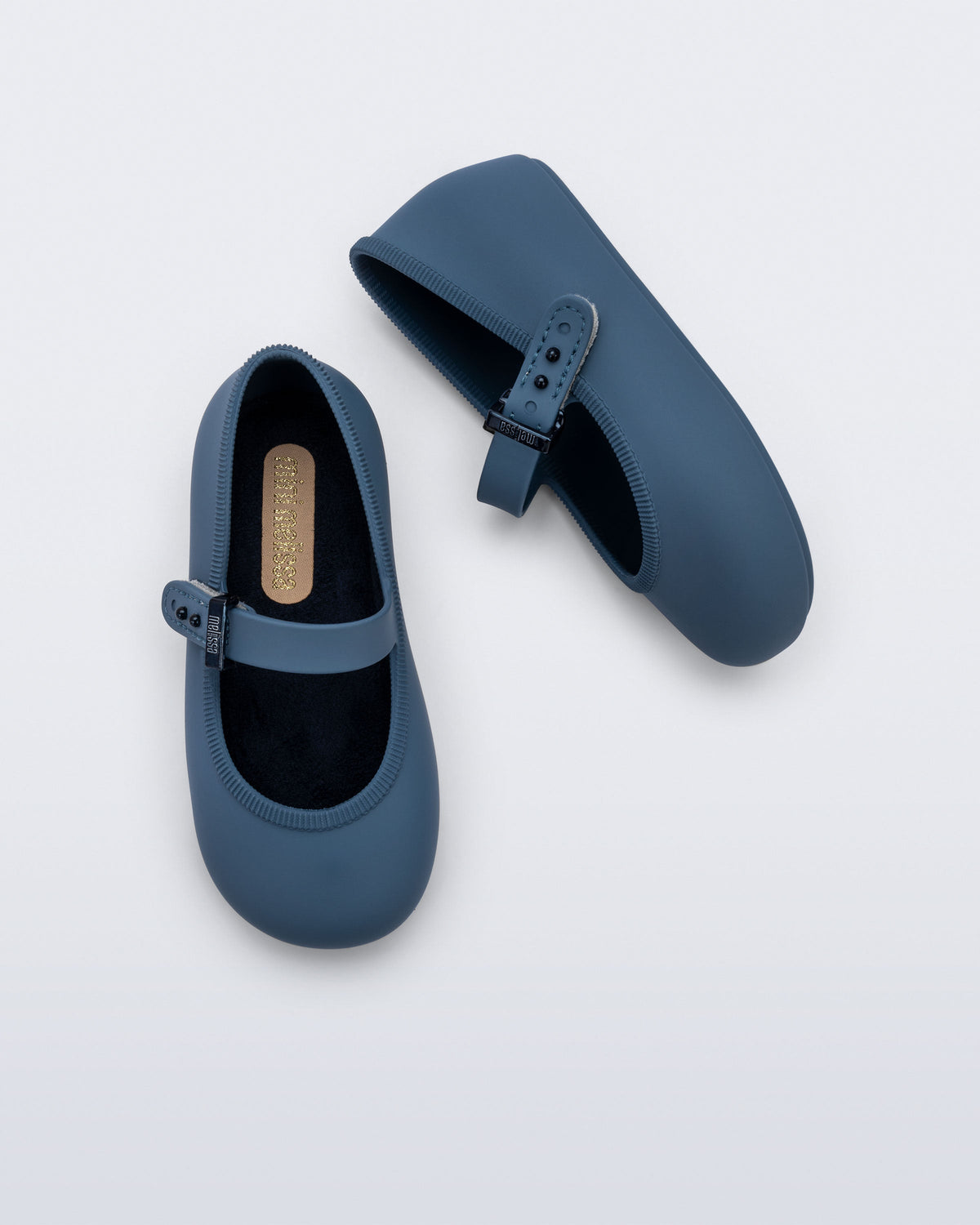 Top and side view of a pair of blue Soft Ballerina baby flat with Velcro strap