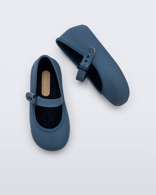 Top and side view of a pair of blue Soft Ballerina baby flat with Velcro strap