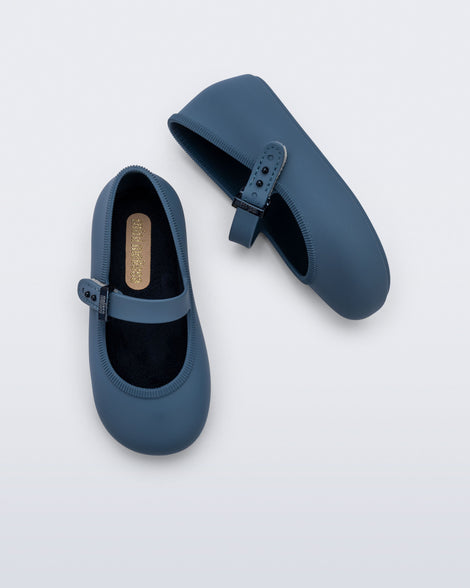 Top and side view of a pair of blue Soft Ballerina baby flat with Velcro strap