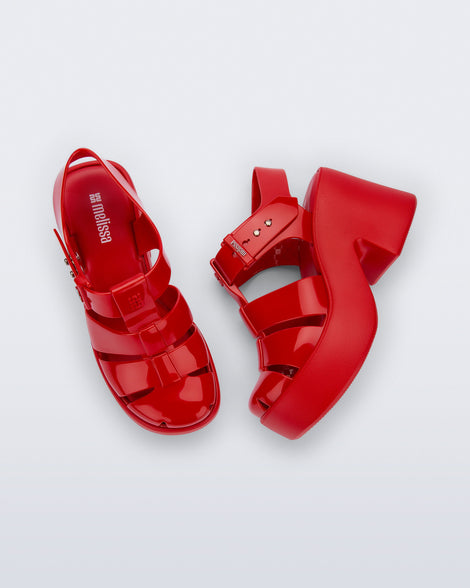 Top and side view of a pair of red Lulu platform heel fisherman sandals