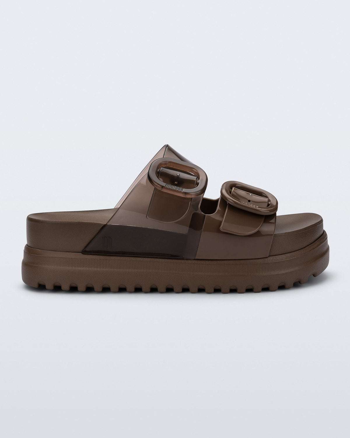 Side view of a brown Cozy Platform slide sandal with two buckle straps.