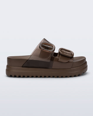 Side view of a brown Cozy Platform slide sandal with two buckle straps.