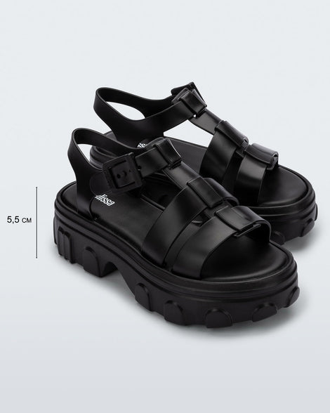 Front view of a pair of green Ella women's platform sandals showing the platform height at 5.5 cm