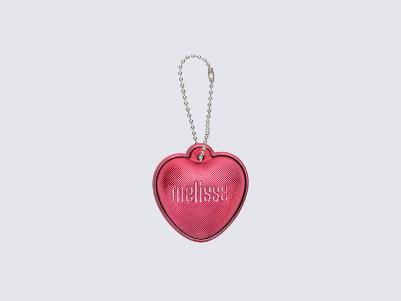 Small metallic pink heart keychain with Melissa logo