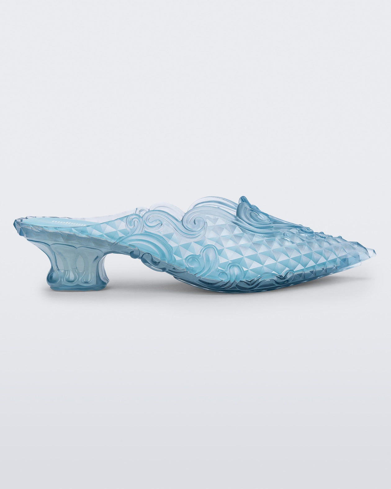 Side view of a blue Court Shoe + Y/Project mule kid heel