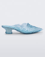 Side view of a blue Court Shoe + Y/Project mule kid heel